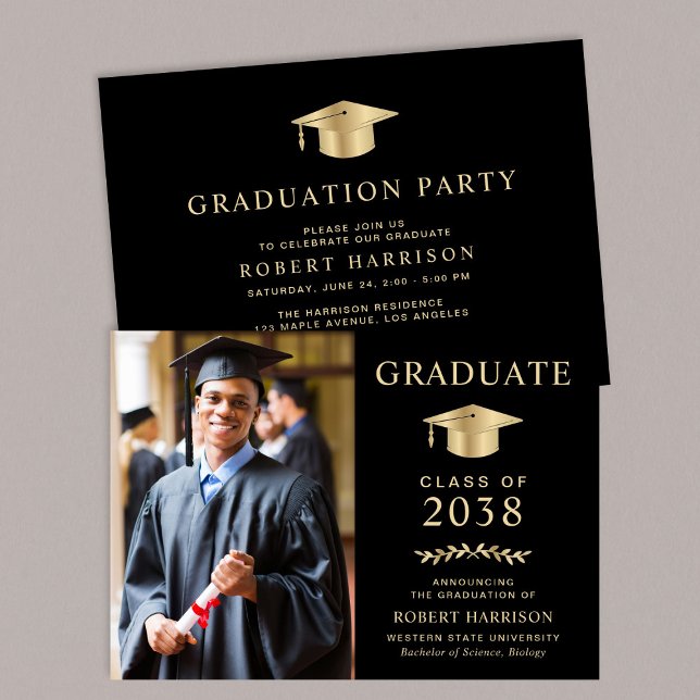 Convite Festa de Formatura Elegante Preto e Dourado Faculd (An elegant college graduation party invitation to celebrate the graduate's achievements)