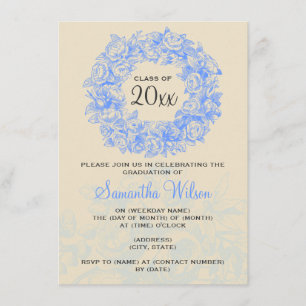 Convite Festa de formatura Elegante Rosas Vintage Azul Tan