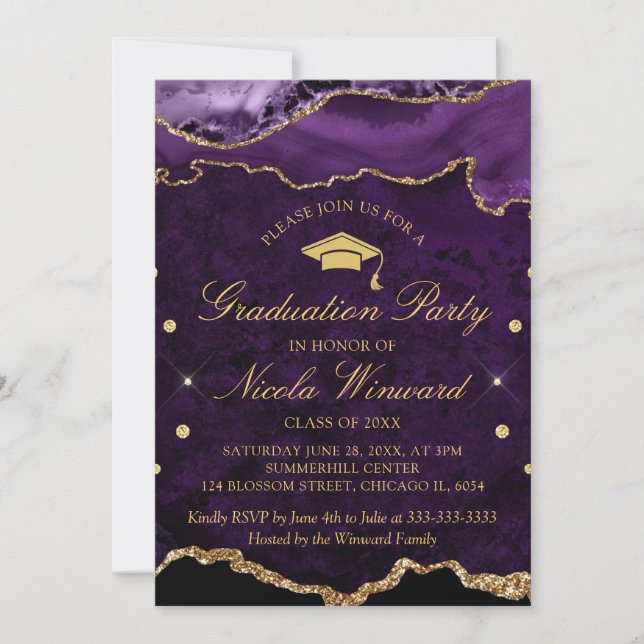 Convite Festa de Formatura em Ágata de Mármore Roxo Modern (Frente)