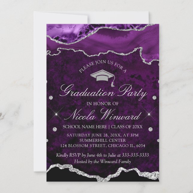 Convite Festa de Formatura em Ágata de Mármore Roxo Modern (Frente)
