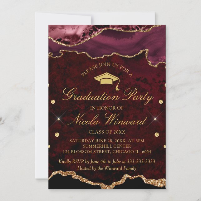 Convite Festa de Formatura em Ágata de Mármore Vermelho Mo (Frente)