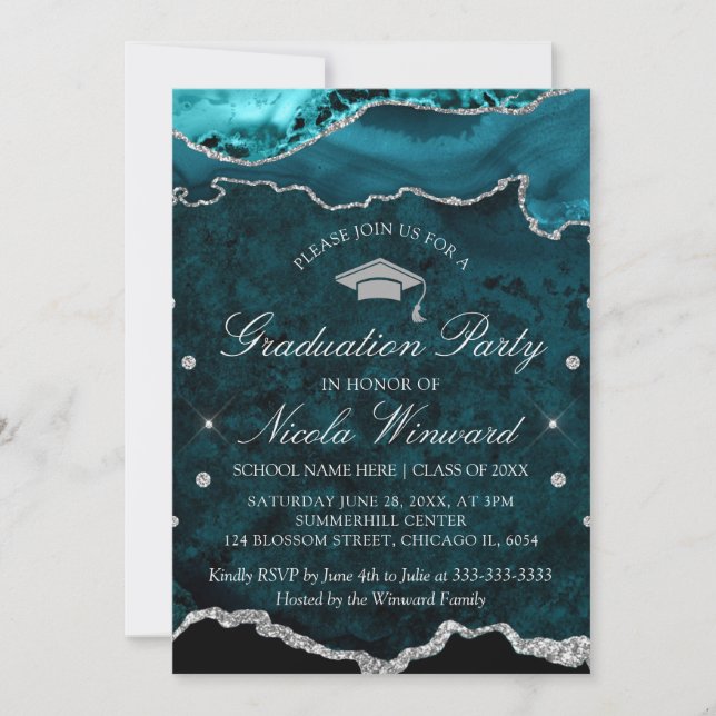 Convite Festa de Formatura em Ágata Mármore Verde Teal Mod (Frente)