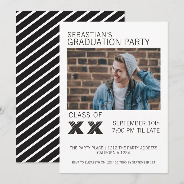 Convite Festa de formatura em branco e preto (Frente/Verso)