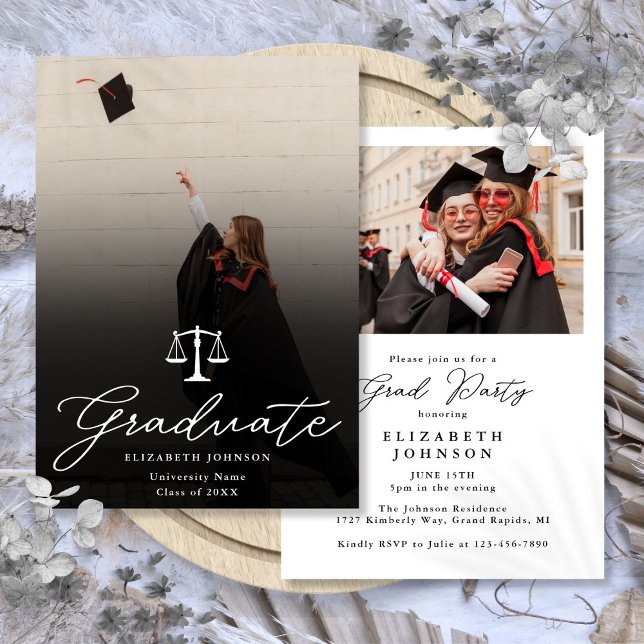 Convite Festa de Formatura em Direito com Letra Elegante F (Photo Elegant Script Law School Graduation Party Invitation)