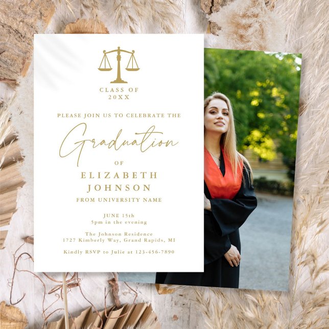 Convite Festa de Formatura em Direito com Rótulo Dourado (Gold Script Law School Photo Graduation Party Invitation)