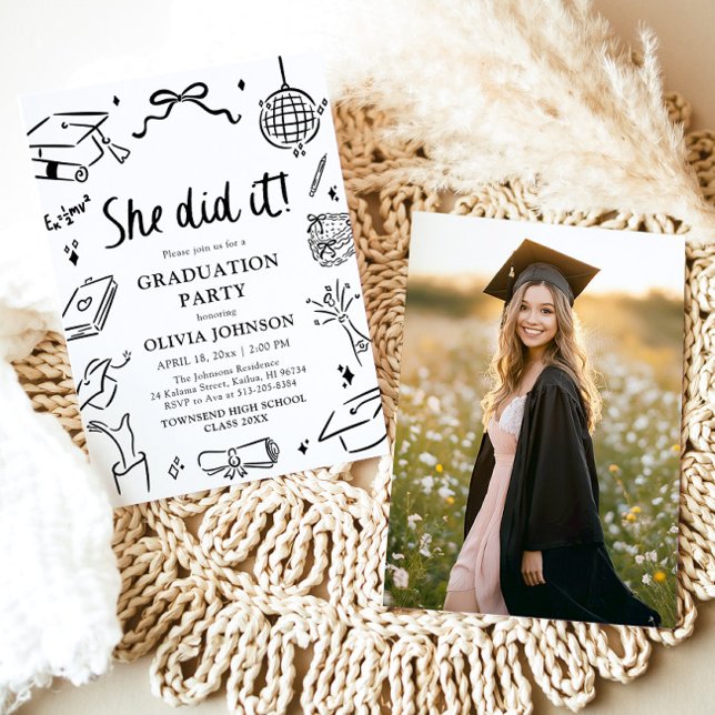 Convite Festa de Formatura Fê-lo Moderna Desenhada à Mão (Modern Hand Drawn She did it Graduation Party Invitation)