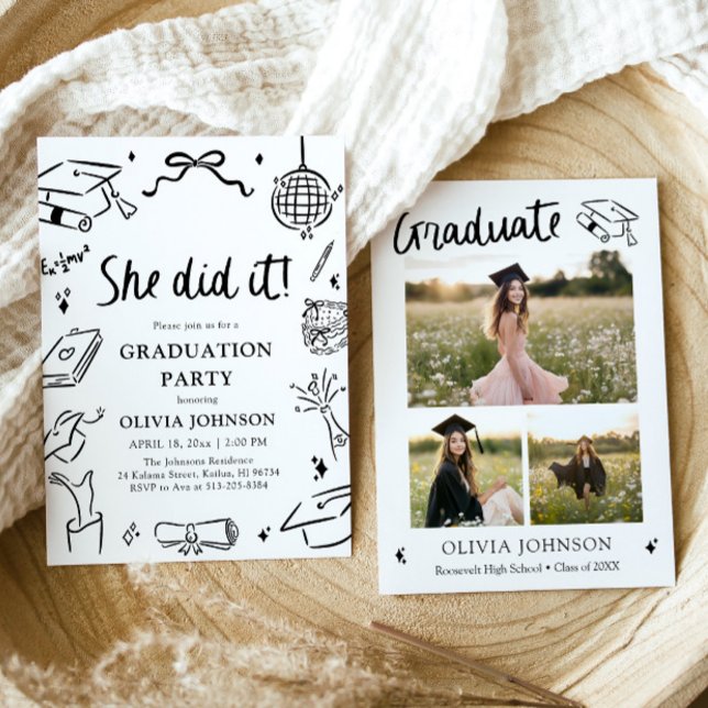 Convite Festa de Formatura Feito à Mão Moderna (Modern Hand Drawn She did it Graduation Party Invitation)