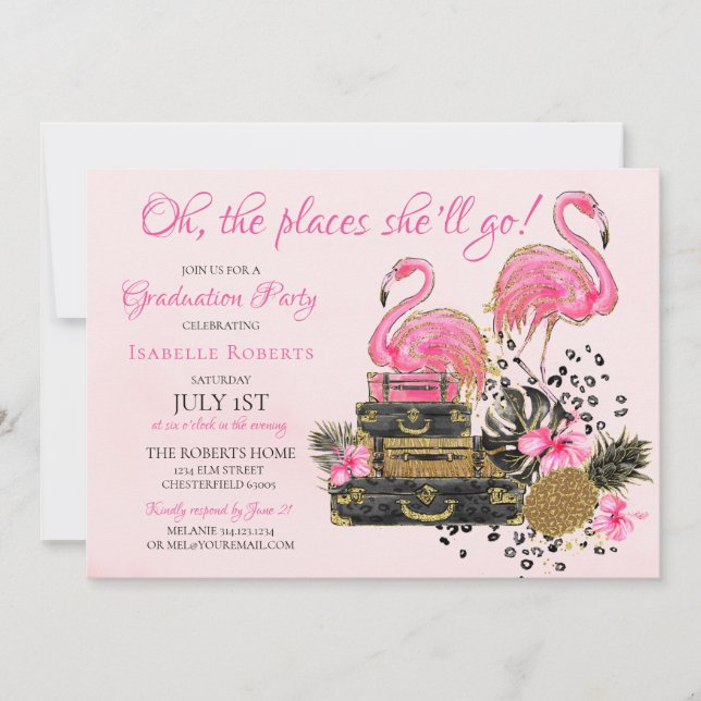 Convite Festa de formatura Flamingo Cheetah, cor-de-rosa (Frente)