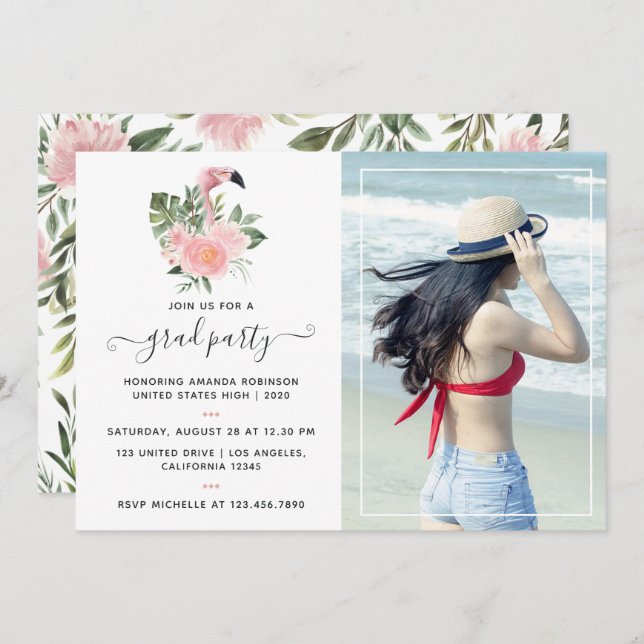 Convite Festa de formatura Flamingo Rosa Tropical Exótica (Frente/Verso)