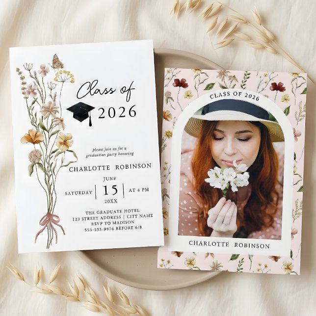 Convite Festa de Formatura Flor Silvestre da Primavera Ele (Stylish Spring Wildflower 2026 Graduation Party Invitation)