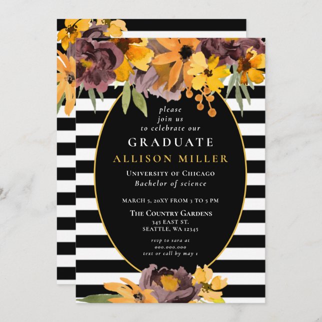 Convite Festa de formatura Floral Amarelo - Banhas brancas (Frente/Verso)