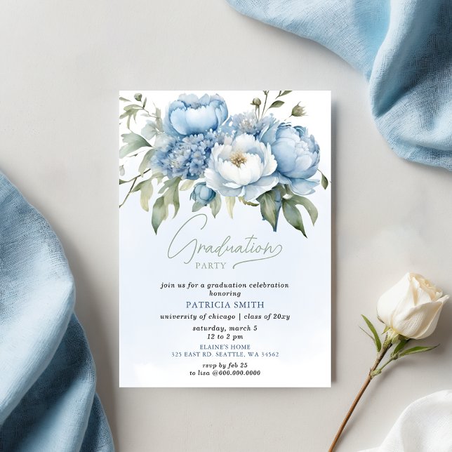 Convite Festa de formatura Floral Azul Elegante (Elegant Blue Floral Photo Graduation Party Invitation)