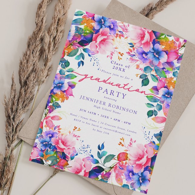 Convite Festa de formatura Floral bonito do Jardim Vibrado (Pretty Vibrant Garden Floral Graduation Party Invitation)