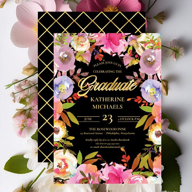 Convite Festa de formatura Floral Brilhante Bloom Watercol (Brilliant Bloom Watercolor Floral Graduation Party Invitation with Faux Foil Accents Print | Digital)