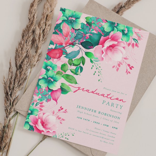 Convite Festa de formatura Floral Chic Summer Garden Blush (Chic Summer Garden Floral Graduation Party Blush Invitation)