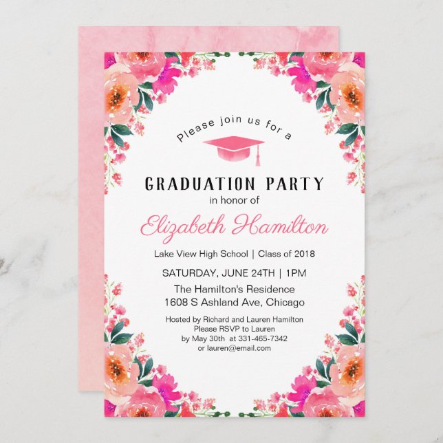Convite Festa de formatura Floral de Aquarela Brilhante (Frente/Verso)
