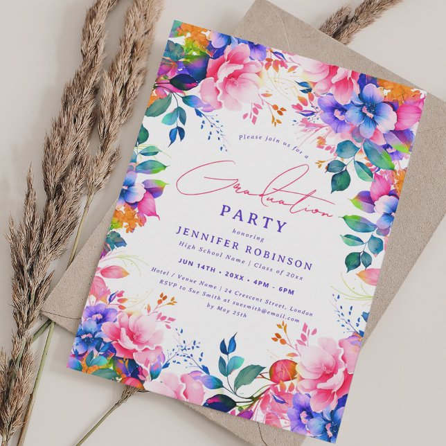 Convite Festa de formatura Floral do Jardim Pintado Brilha (Bright Painted Garden Floral Graduation Party Invitation)