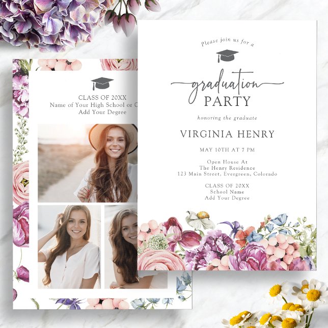 Convite Festa de formatura Floral Elegante (Elegant Floral Watercolor Graduation Party Invitation with Pictures by Painted Paperie
)