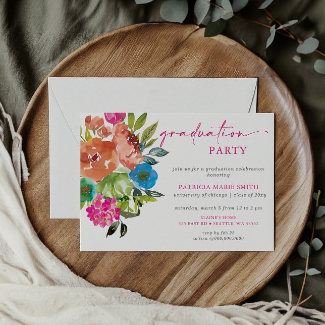 Convite Festa de formatura Floral Laranja Brilhante (Bright Pink Orange Floral Graduation Party Invitation)