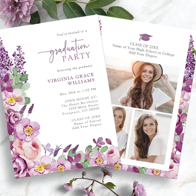 Convite Festa de formatura Floral Puro (Elegant Purple Floral Graduation Party Invitation Photo Collage by Painted Paperie
)