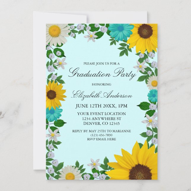 Convite Festa de formatura Floral Rustic Sunflower Daisy (Frente)