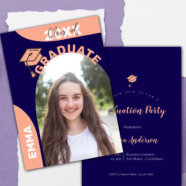 Convite festa de formatura Formando 2025 do Design Blue Ar (2025 Grad Photo Blue Arch Design Graduation Party Invitation)