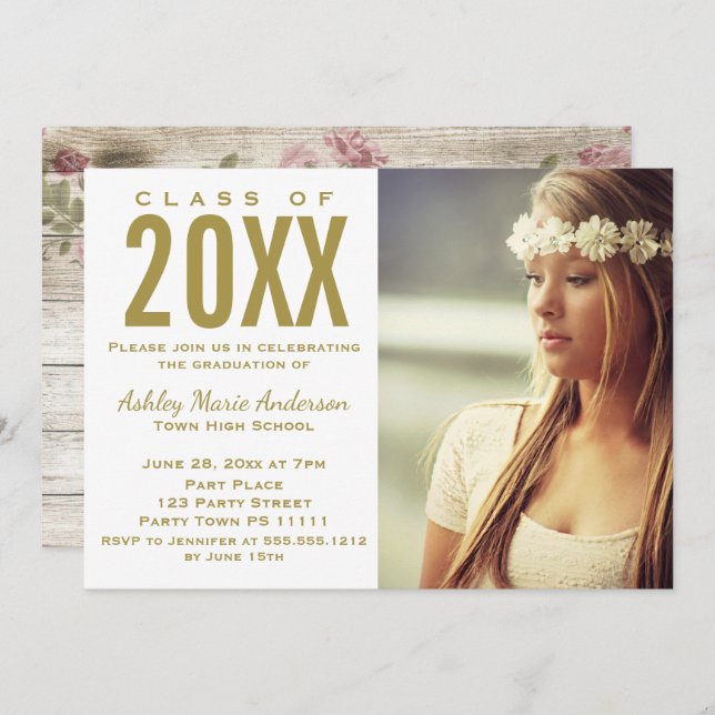 Convite Festa de Formatura Foto Floral em Madeira Rústica  (Frente/Verso)