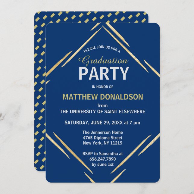 Convite Festa de formatura Geométrica Azul Dourado Moderno (Frente/Verso)