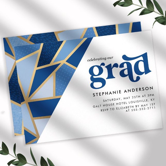 Convite Festa de Formatura Geométrica em Azul e Dourado (Criador carregado)