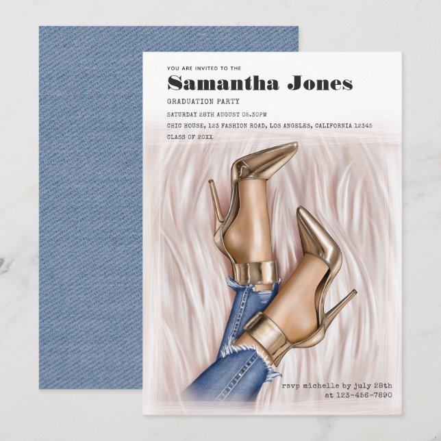 Convite Festa de formatura Glam Chic Fashion Denim (Frente/Verso)