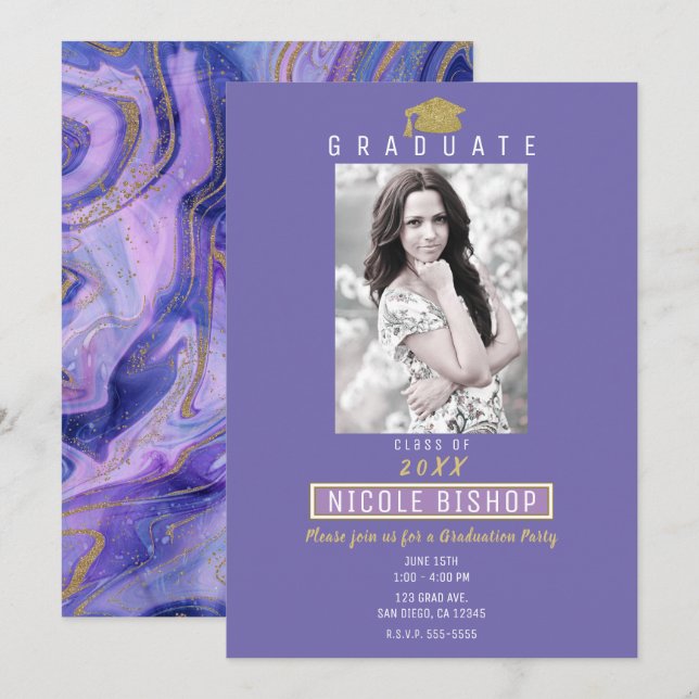 Convite Festa de Formatura Glam com Brilho Dourado e Mármo (Frente/Verso)