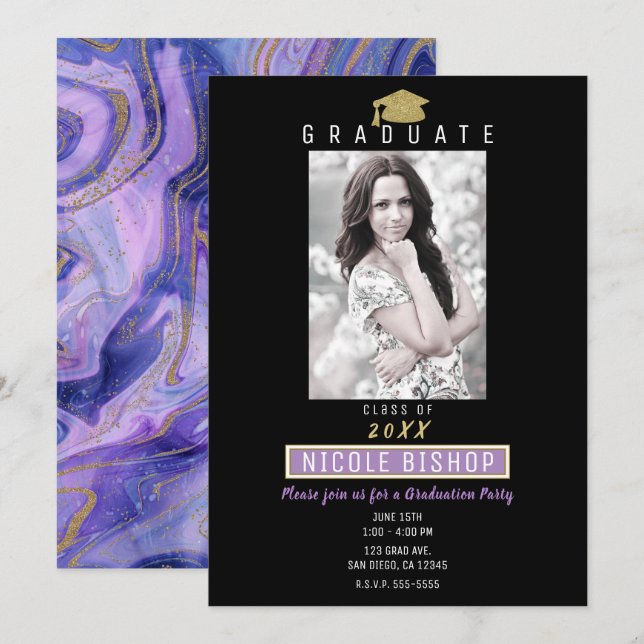 Convite Festa de Formatura Glam com Brilho Dourado e Mármo (Frente/Verso)