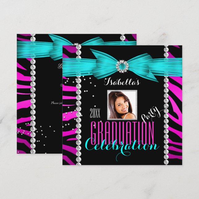 Convite Festa de Formatura Grad Rosa Azul Turquesa Zebra F (Frente/Verso)