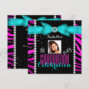 Convite Festa de Formatura Grad Rosa Azul Turquesa Zebra F
