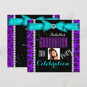 Convite Festa de Formatura Grad Roxo Azul Teal Leopardo