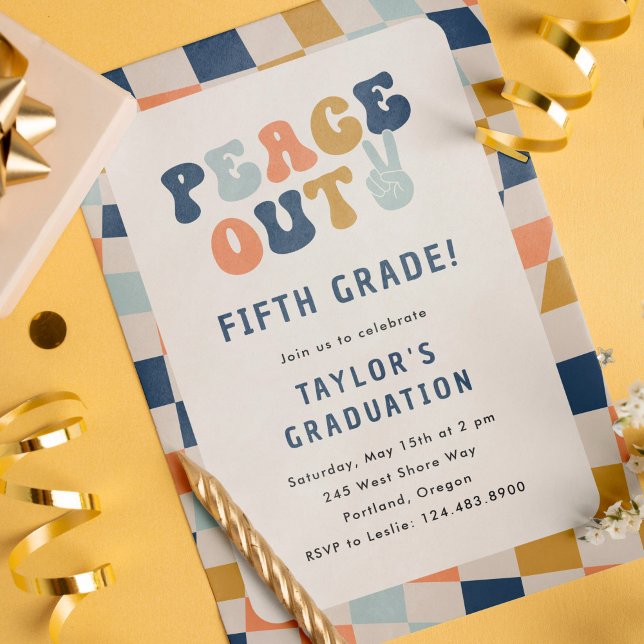 Convite Festa de formatura Groovy Grau 5 da Paz (peace out fifth grade graduation party invite)