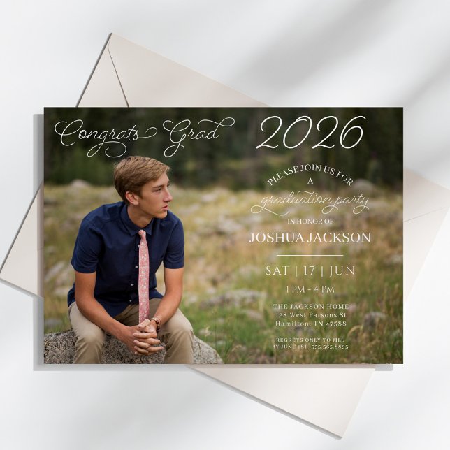 Convite Festa de Formatura Horizontal com Rótulo de Foto M (Modern Photo Script Horizontal Graduation Party Invitation)