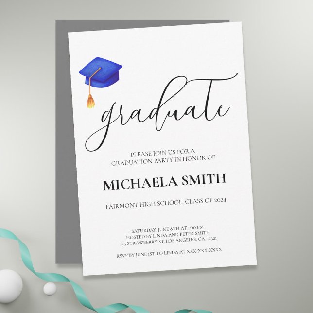 Convite Festa de formatura Marinho azul Segundo grau Boné  (Modern Navy Blue Cap High School Graduation Party Invitation)