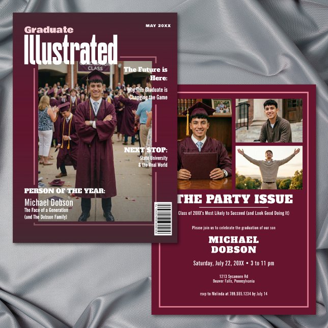 Convite Festa de Formatura Marrom Foto Revista Quatro (Magazine Four Photo Maroon Graduation Party Invitation)
