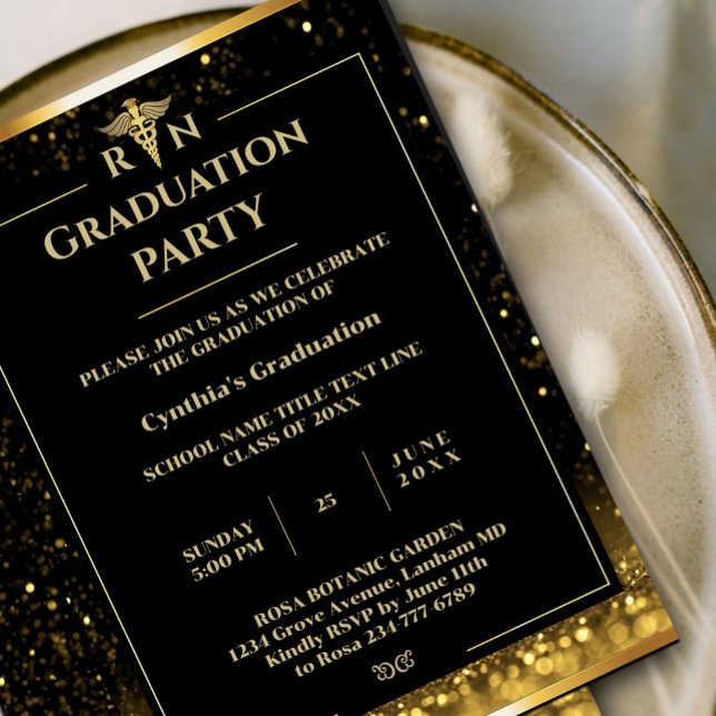 Convite Festa de formatura Médica Dourada e Preta Elegante (Elegant Black & Gold Medical Graduation Party Invitation #goldinvitation #graduationgold #luxuryinvi)