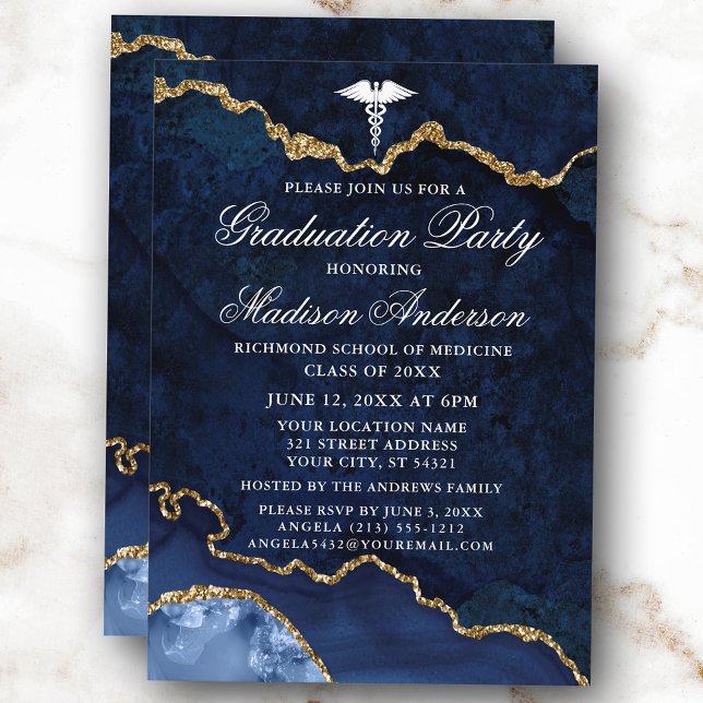 Convite Festa de formatura Médica Marble Azul-Cria (Customize to change text size, style or to add more text or photos to back of card.)