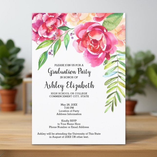 Convite Festa de formatura Moderna de Aquarela Floral (Custom Graduation Announcement and Invitation)