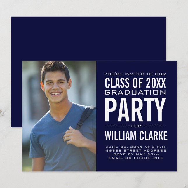 Convite Festa de formatura moderna de Formando masculino (Frente/Verso)