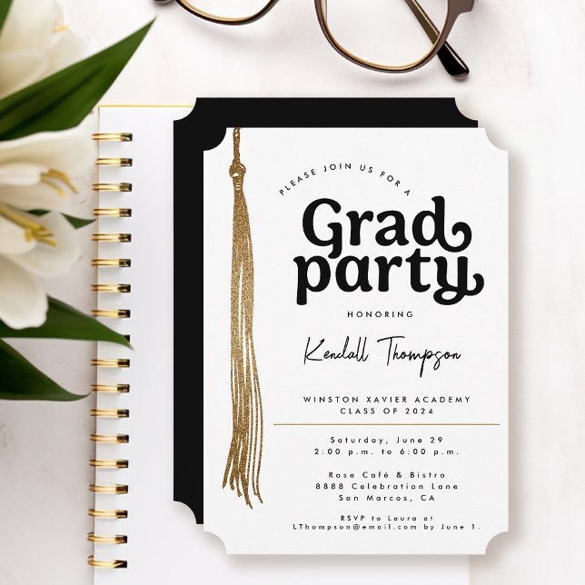 Convite Festa de formatura moderna simples (Grad party gold, black and white simple and elegant invite)