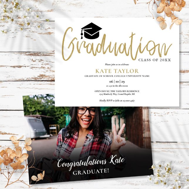Convite Festa de Formatura Moderno e Simples com Letra Dou (Modern Simple Gold Script Graduation Party Photo Invitation)