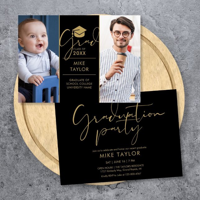 Convite Festa de Formatura Moderno Então e Agora 2 Fotos (Modern Then And Now 2 Photo Graduation Party Invitation)