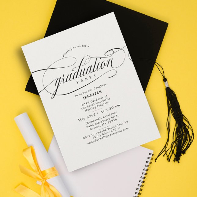 Convite Festa de formatura Negra bege do Script Clássico (Criador carregado)