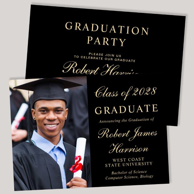 Convite Festa de formatura Negra da Faculdade de Fotos Ele (An elegant college graduation party invitation to celebrate the graduate's achievements)