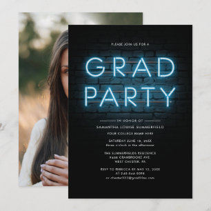 Convite Festa de Formatura Neon Azul Foto Graduado 2025