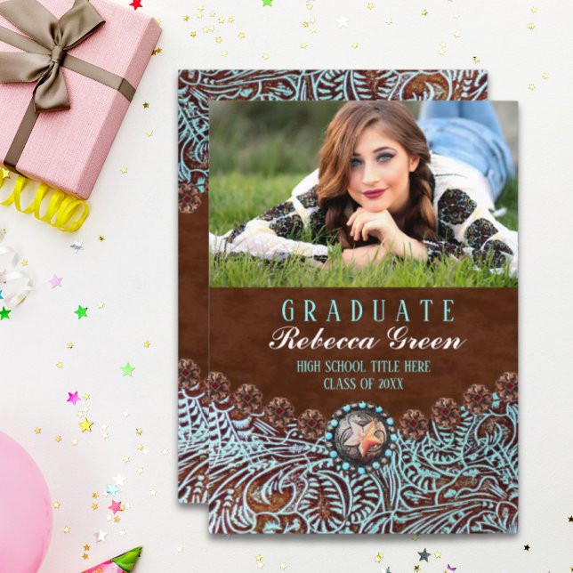 Convite festa de formatura ocidental de couro castanho-tur (turquoise brown leather western graduation party invitation)
